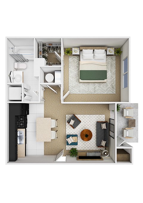 a stylized floor plan of a bedroom with a bed and a bathroom